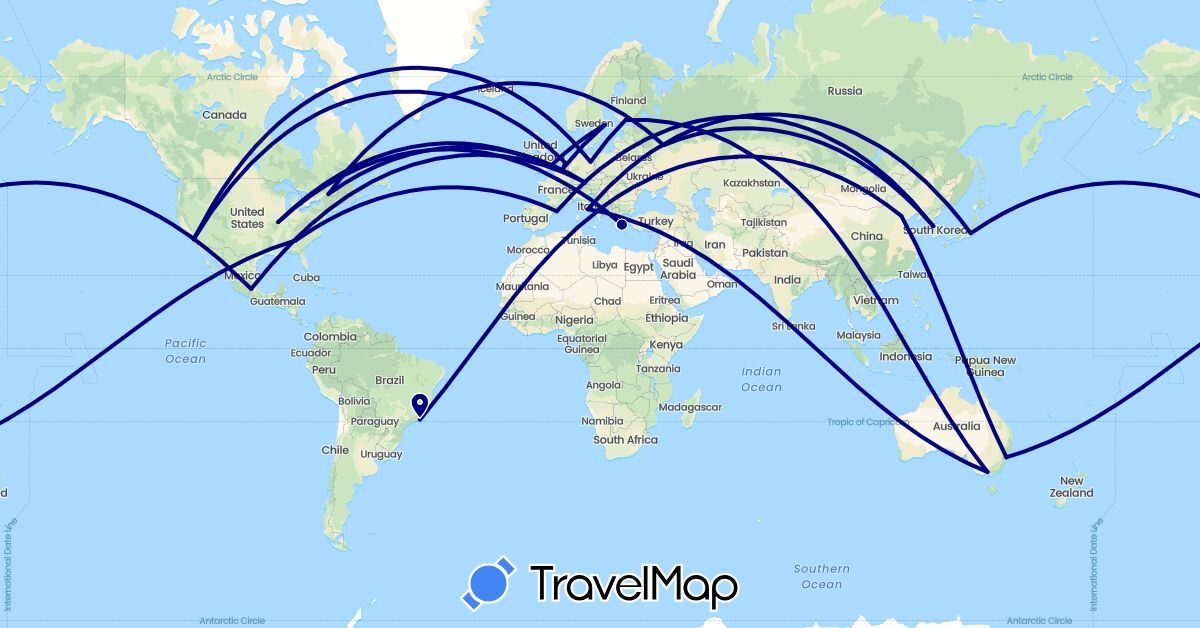 TravelMap itinerary: driving in Australia, Belgium, Brazil, Canada, China, Germany, Spain, Finland, France, United Kingdom, Greece, Italy, Japan, South Korea, Mexico, Netherlands, Russia, Sweden, United States (Asia, Europe, North America, Oceania, South America)